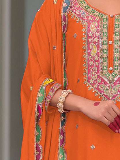 Dhiyona IE Floral Embroidered Sequinned Chinon Straight Kurta With Palazzos & Dupatta