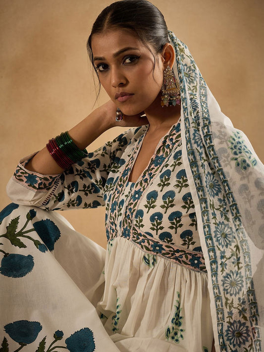 Dhiyona IE Floral Printed Empire Pure Cotton Anarkali Kurta With Trouser & Dupatta
