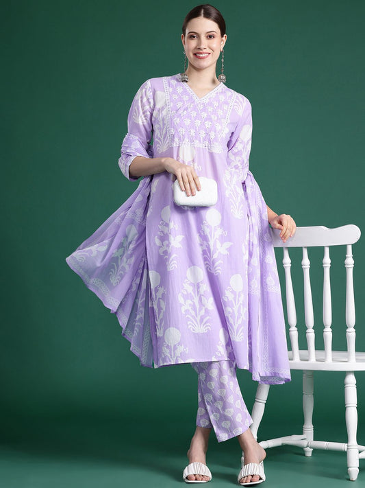 Dhiyona IE Floral Printed Sequinned Pure Cotton Kurta With Trousers & Dupatta