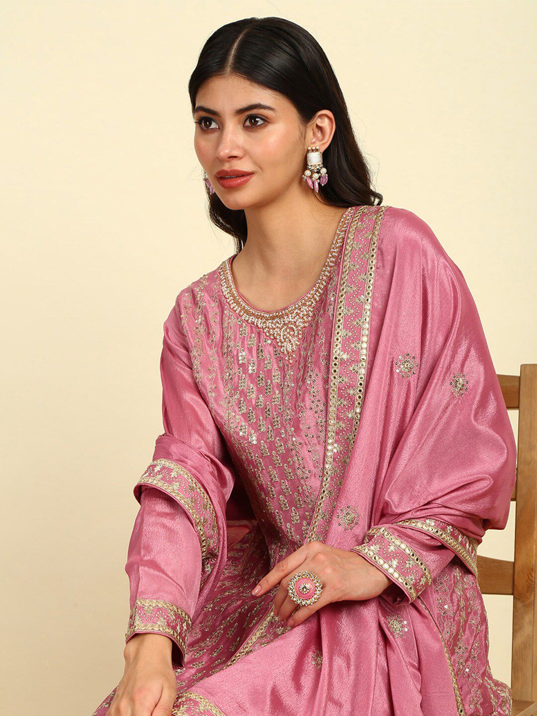 Dhiyona SO Women's Floral Embroidered Empire Sequinned Kurta with Trousers & Dupatta