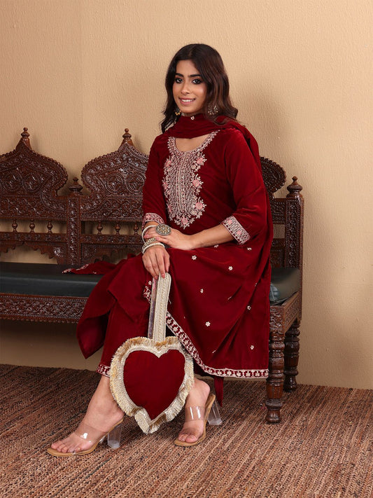 Dhiyona VA Women'sMaroon Floral Yoke Design Sequinned Velvet Straight Kurta with Trousers & Dupatta