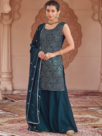 Dhiyona WP Women Embroidered Regular Sequinned Kurta with Sharara & With Dupatta
