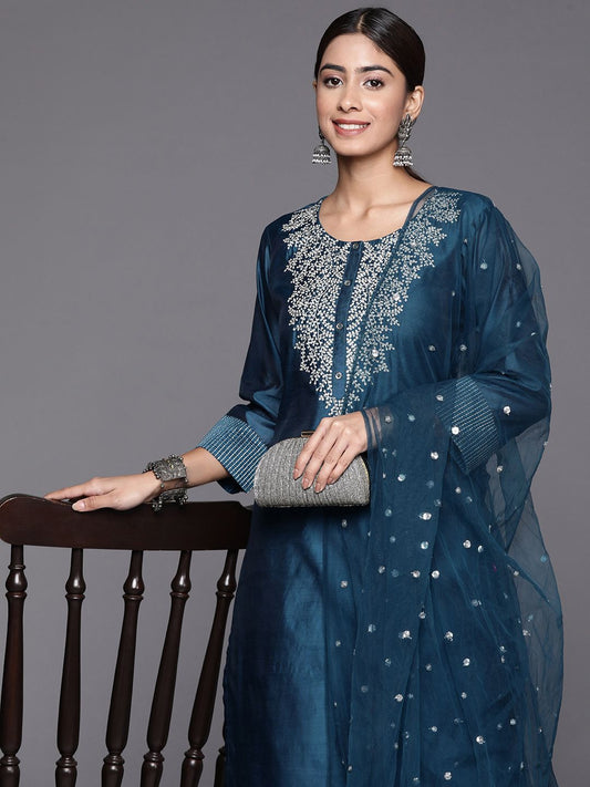 Dhiyona VA Women'sFloral zari Embroidered Chanderi Silk Kurta with Trousers & Dupatta