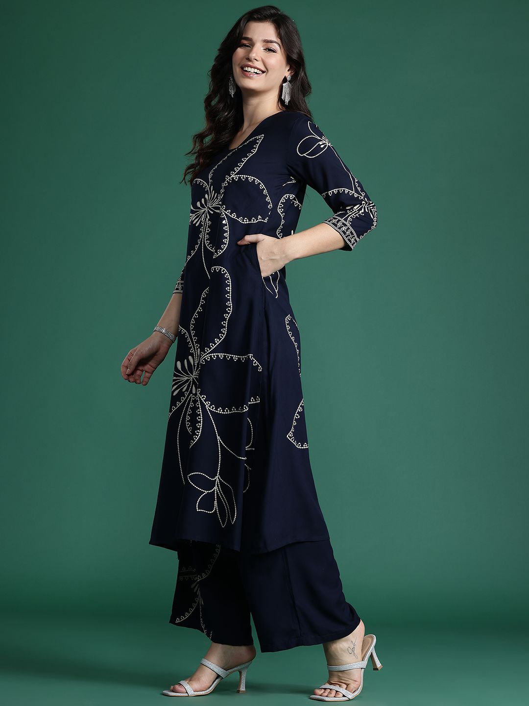 Dhiyona IE Floral Printed Mirror Work Kurta with Trousers
