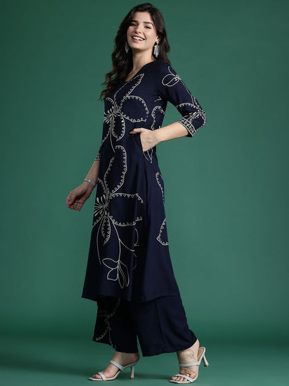 Dhiyona IE Floral Printed Mirror Work Kurta with Trousers