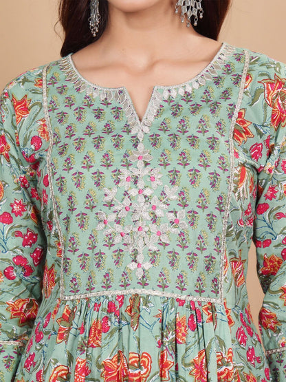 Dhiyona VA Women'sFloral Printed Notch Neck Pure Cotton Kurta with Palazzo & Dupatta