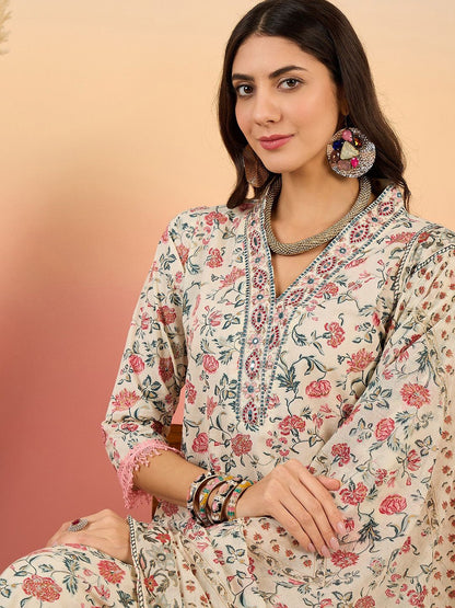 Dhiyona SN Women's Floral Printed Pure Cotton V Neck Kurta With Trousers & Dupatta