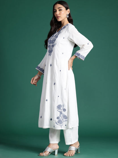 Dhiyona IE Floral Embroidered Thread Work Pure Cotton Kurta with Trousers & With Dupatta