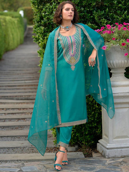 Ethnic Motifs Yoke Design Straight Kurta with Trousers & Dupatta