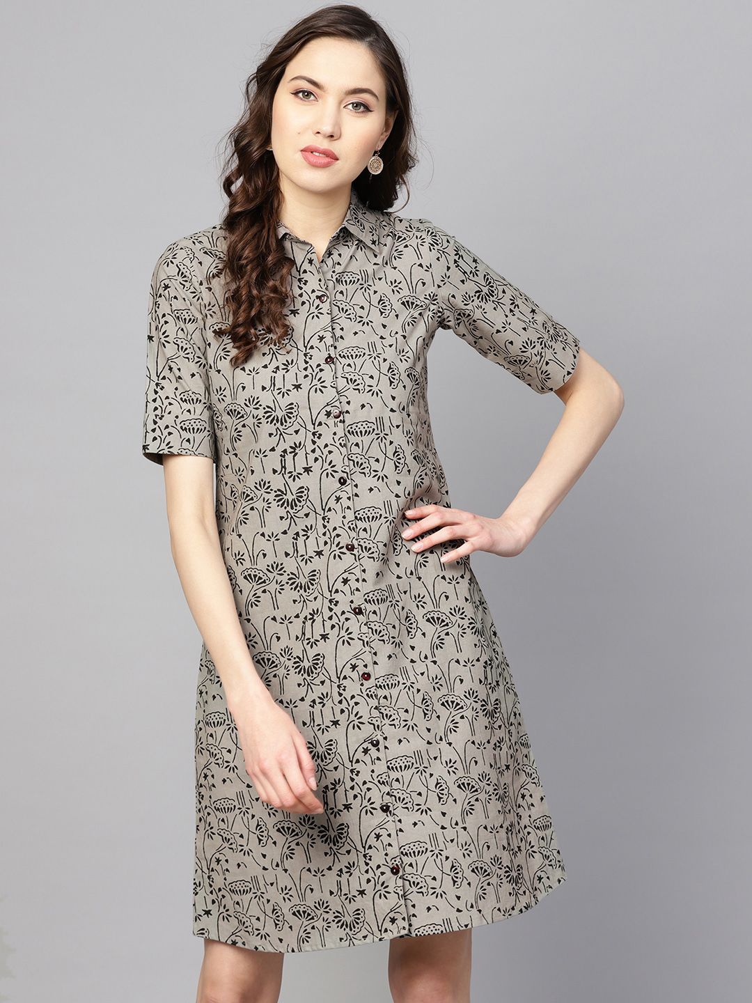 Dhiyona AY Women's Grey & Black Printed Shirt Dress