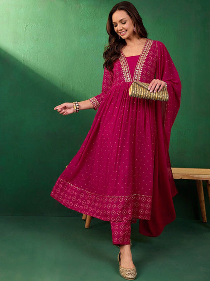 Dhiyona SN Women's Embroidered Bandhani Printed V-Neck Anarkali Kurta With Trousers & Dupatta
