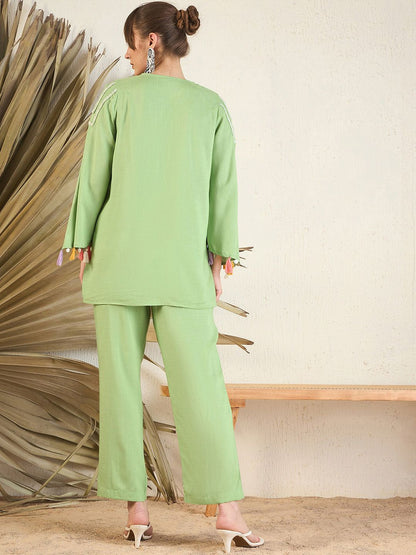 Dhiyona IE Embroidered Flared Sleeve Top With Trouser