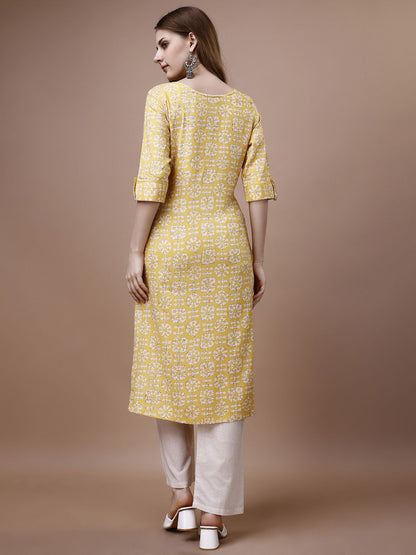 Dhiyona OD  Yellow Floral Printed Round Neck Straight Kurta