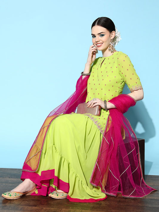 Dhiyona IN Women Green Ethnic Motifs Embroidered Thread Work Kurta with Sharara & Dupatta