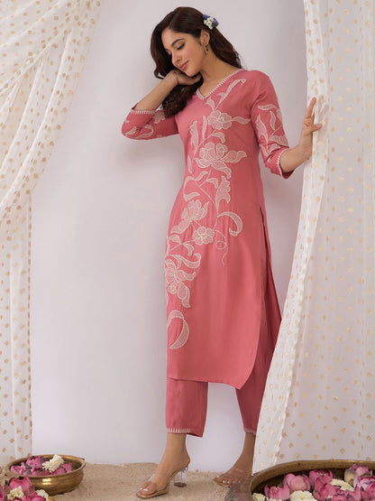 Dhiyona IE Floral Embroidered Thread Work Pure Cotton V-Neck Straight Kurta With Trousers