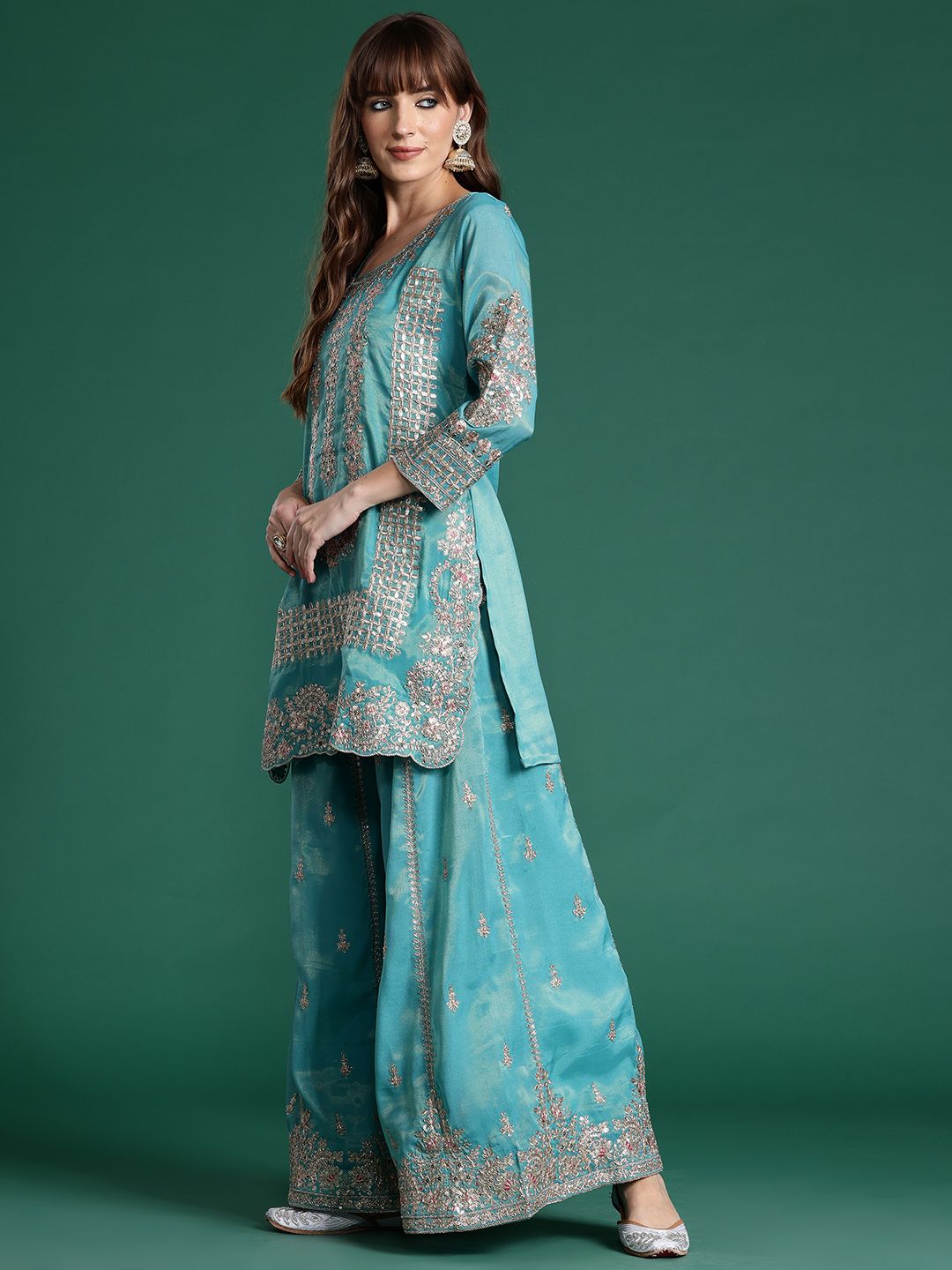 Ethnic Motifs Embroidered Sequinned Kurta with Palazzos & With Dupatta