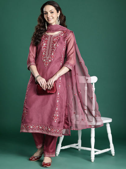 Floral Embroidered Regular Thread Work Kurta with Trousers & With Dupatta