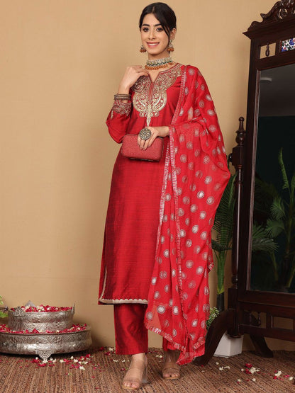Dhiyona VA Women's Ethnic Motifs Embroidered Regular Sequinned Kurta with Trousers & Dupatta