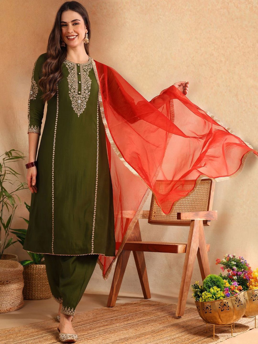 Dhiyona PD Women Women Solid Embroidered A-Line Kurta Sets