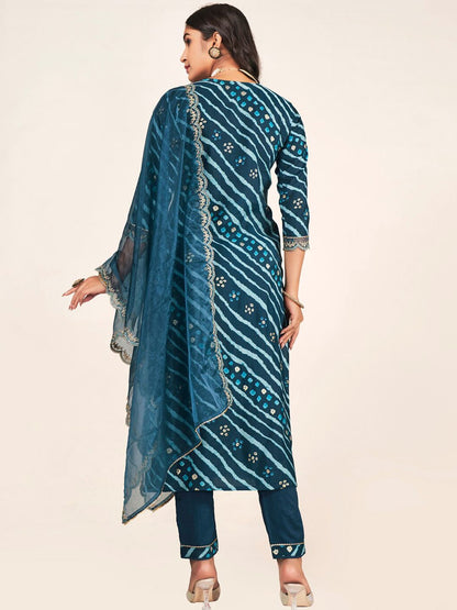 Dhiyona SN Women's Leheriya Embroidered Straight Kurta With Trousers & Dupatta
