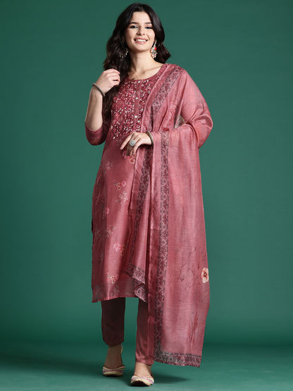 Women Floral Embroidered Thread Work Chanderi Silk Kurta Set