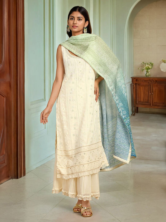 Dhiyona SO Women's Floral Embroidered Regular Sequinned Kurta with Sharara & Dupatta