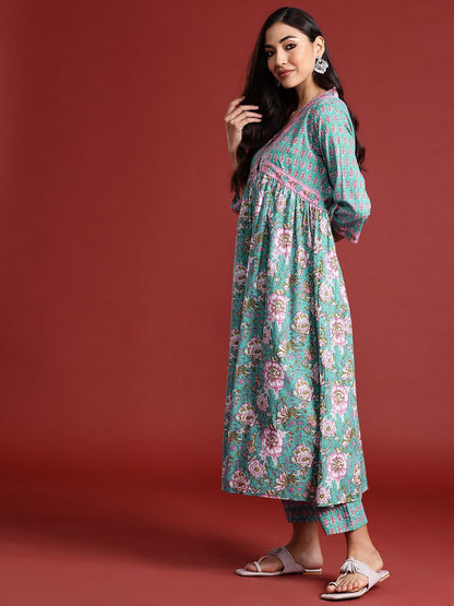 Dhiyona IE Women Floral Printed Empire Sequinned Pure Cotton Kurta With Trousers & Dupatta