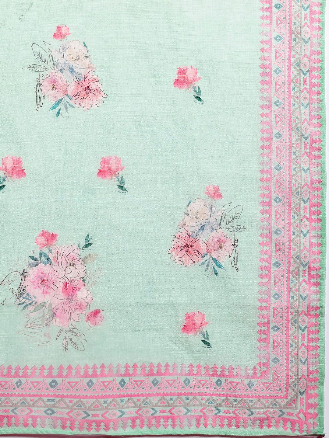 Dhiyona IE Floral Printed Thread Work Linen Kurta with Trousers & With Dupatta