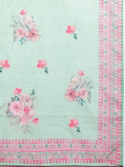 Dhiyona IE Floral Printed Thread Work Linen Kurta with Trousers & With Dupatta