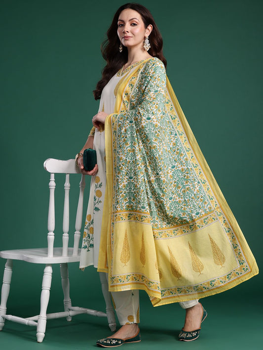 Dhiyona IE Floral Printed Regular Pure Cotton Kurta with Trousers & With Dupatta