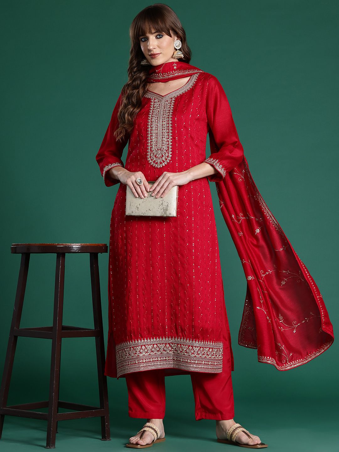 Dhiyona IE Ethnic Motifs Embroidered Sequinned Kurta with Trousers & With Dupatta