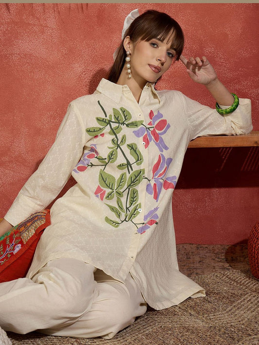 Dhiyona IE Floral Printed Shirt Collar A-Line Pure Cotton Kurta With Trousers