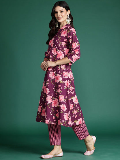Dhiyona IE Women Floral Printed Regular Pure Cotton Kurta with Trousers