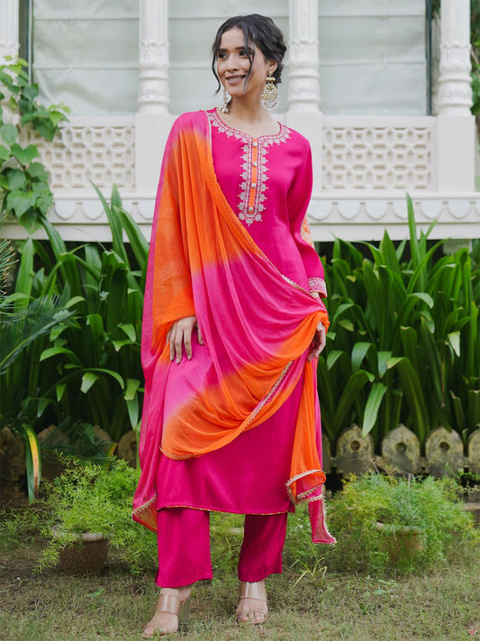 Women Ethnic Motifs Embroidered Regular Kurta with Trousers & With Dupatta
