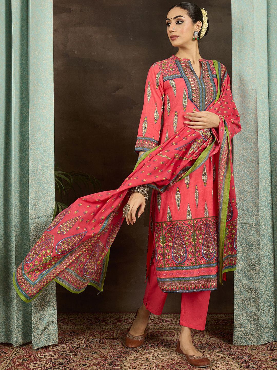 Ethnic Motifs Printed Pure Cotton Straight Kurta With Trousers & Dupatta