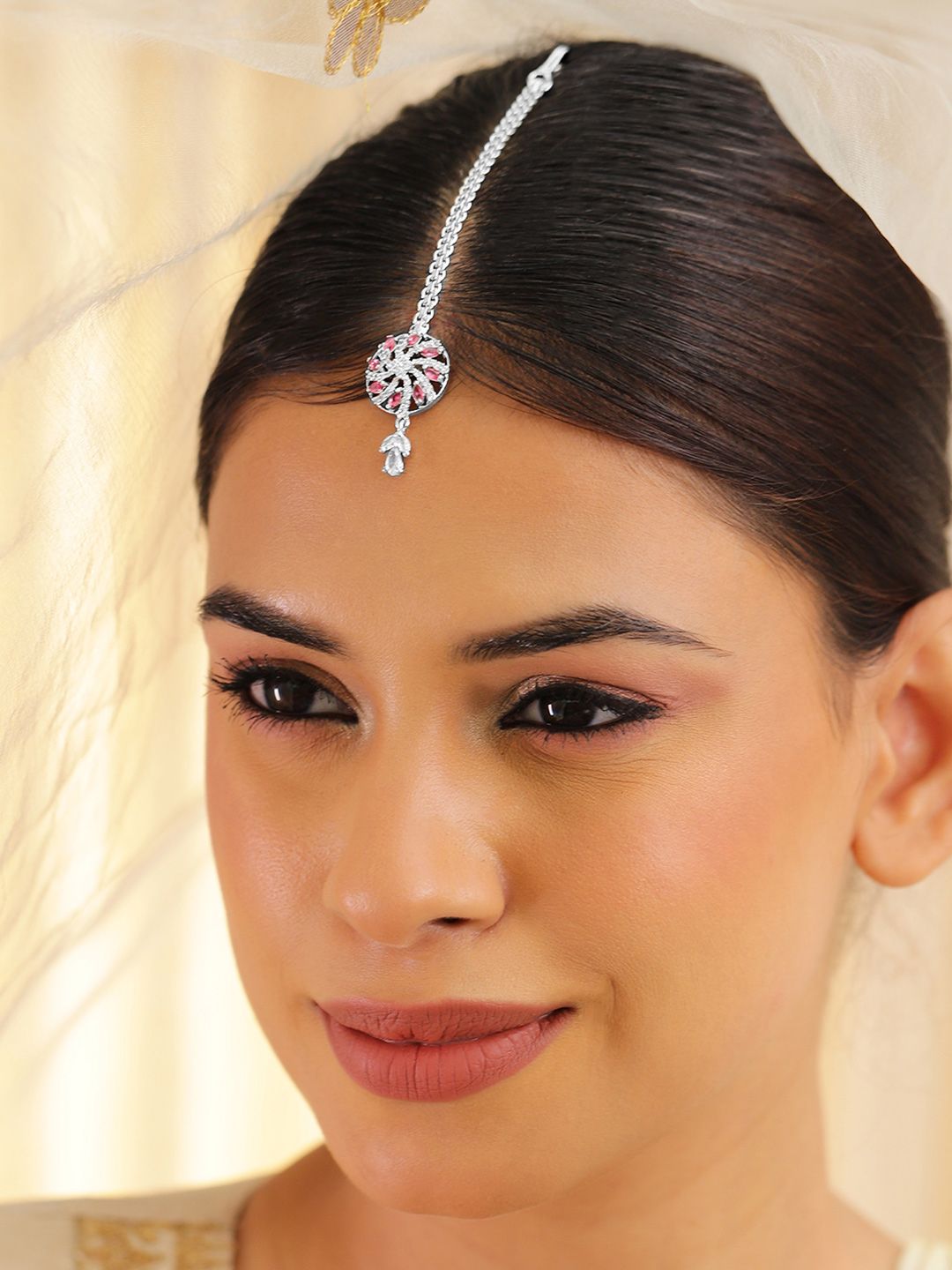 Dhiyona RJ Women's Rhodium-Plated Cubic Zirconia Studded Maang Tikka Head Jewellery