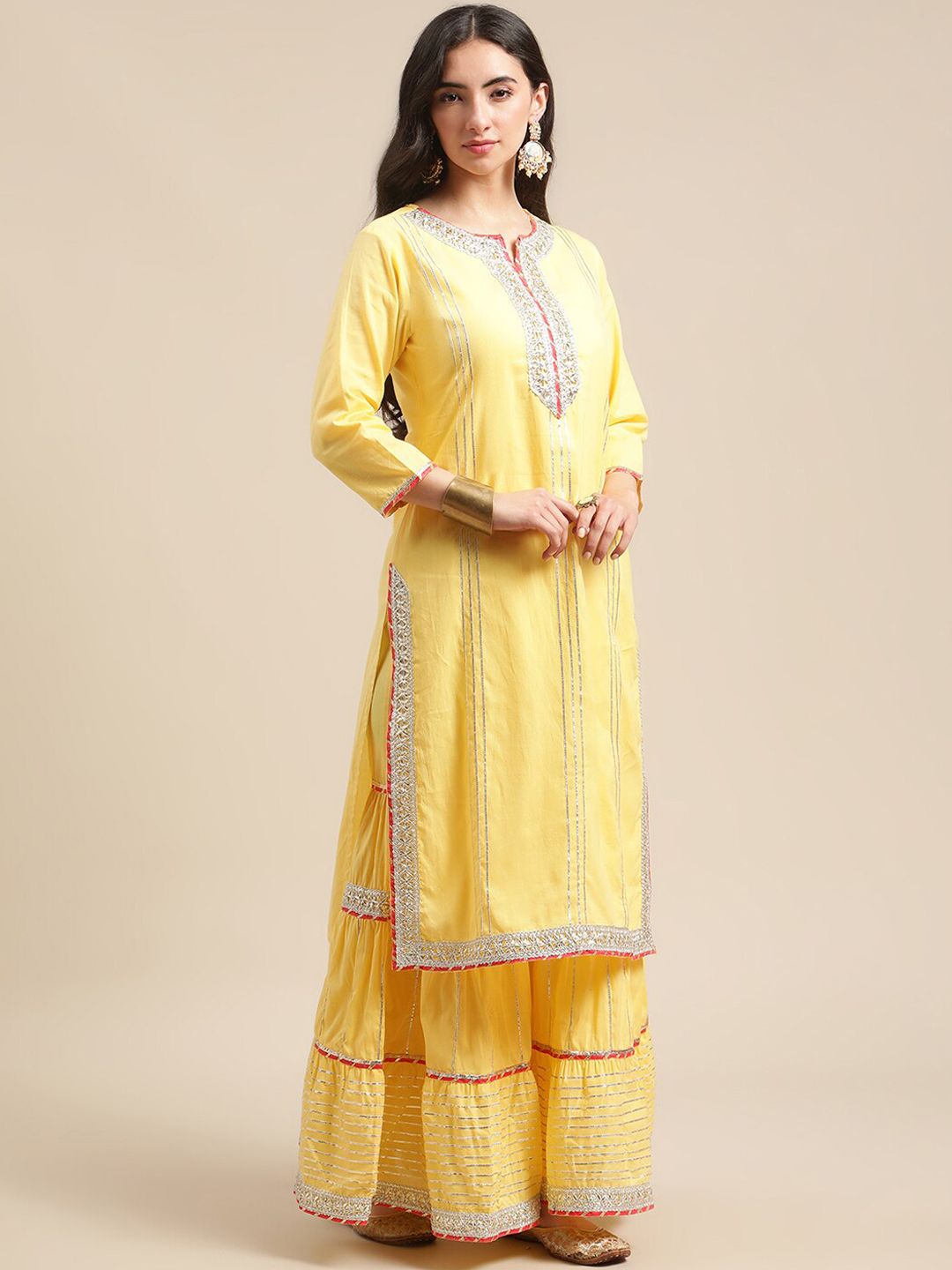 Dhiyona VA Women's Yellow & Pink Gotta Patti Pure Cotton Kurta with Sharara & Shibhori Dupatta