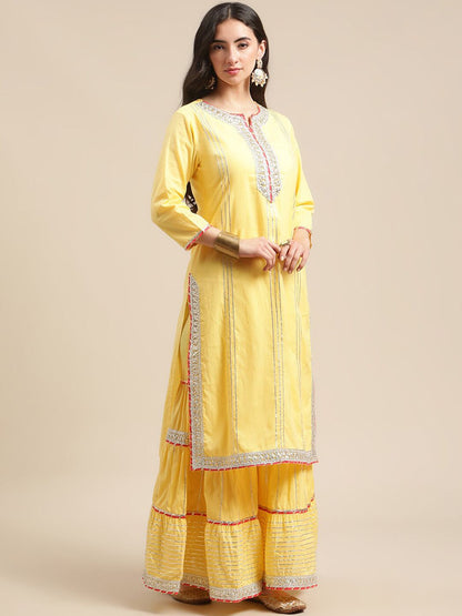 Dhiyona VA Women's Yellow & Pink Gotta Patti Pure Cotton Kurta with Sharara & Shibhori Dupatta