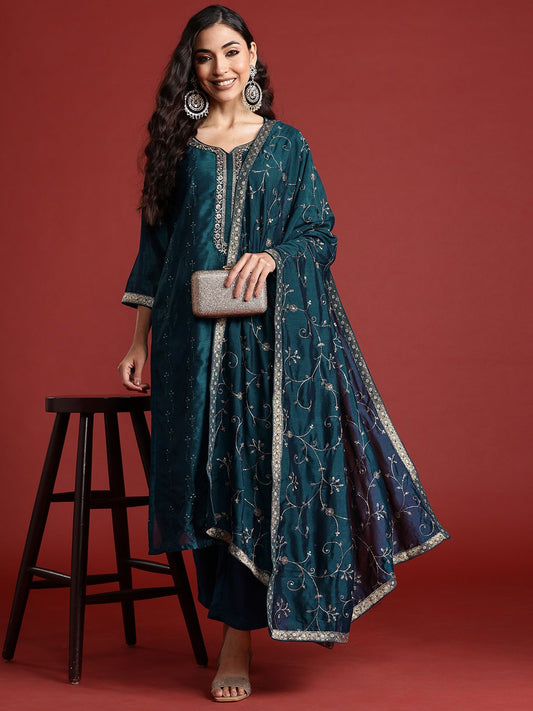 Dhiyona IE Floral Embroidered Sequinned Kurta With Trousers & Dupatta