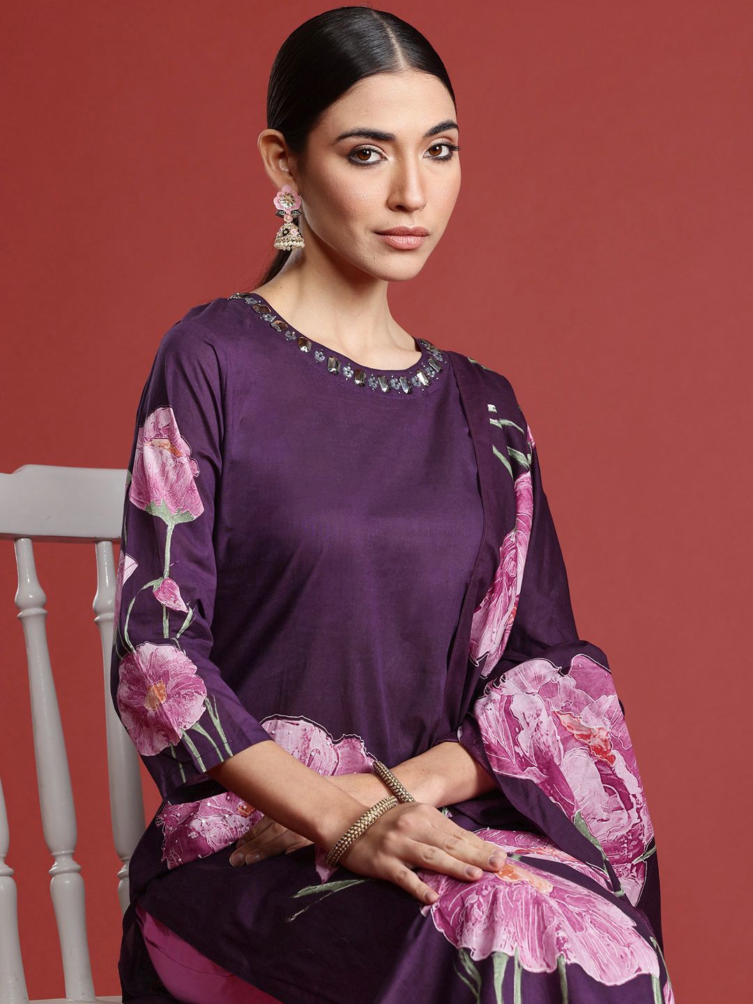Dhiyona IE Women Floral Printed Pure Cotton Kurta with Trousers & With Dupatta