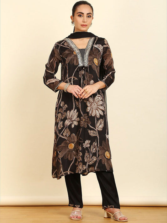 Dhiyona SO Women's Floral Printed Gotta Patti Kurta with Trousers & With Dupatta