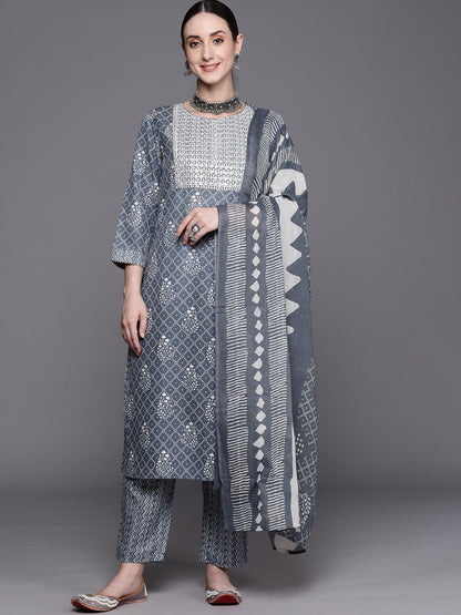 Dhiyona IE Bandhani Printed Regular Thread Work Pure Cotton Kurta With Trousers & Dupatta