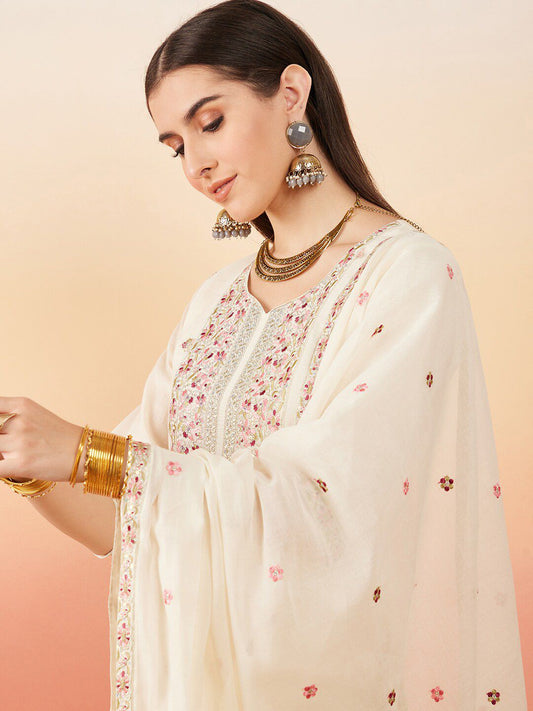Dhiyona SN Women's Floral Embroidered Pure Cotton Straight Kurta With Palazzo & Dupatta