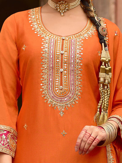 Dhiyona IE Floral Embroidered Sequinned Chinon Straight Kurta With Trousers & Dupatta