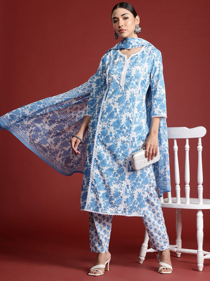Dhiyona IE Floral Printed Panelled Beads & Stones Pure Cotton Kurta With Trousers & Dupatta