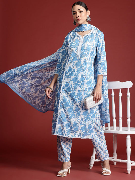 Dhiyona IE Floral Printed Panelled Beads & Stones Pure Cotton Kurta With Trousers & Dupatta