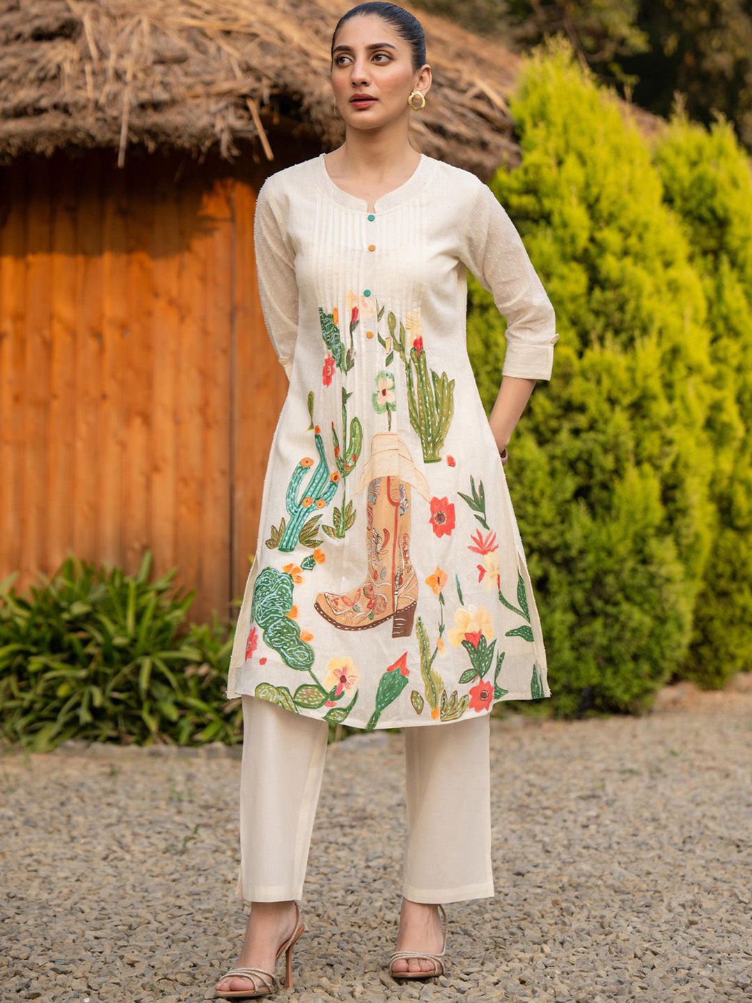 Floral Printed Round Neck A-LIne Pure Cotton Kurta WIth Trousers