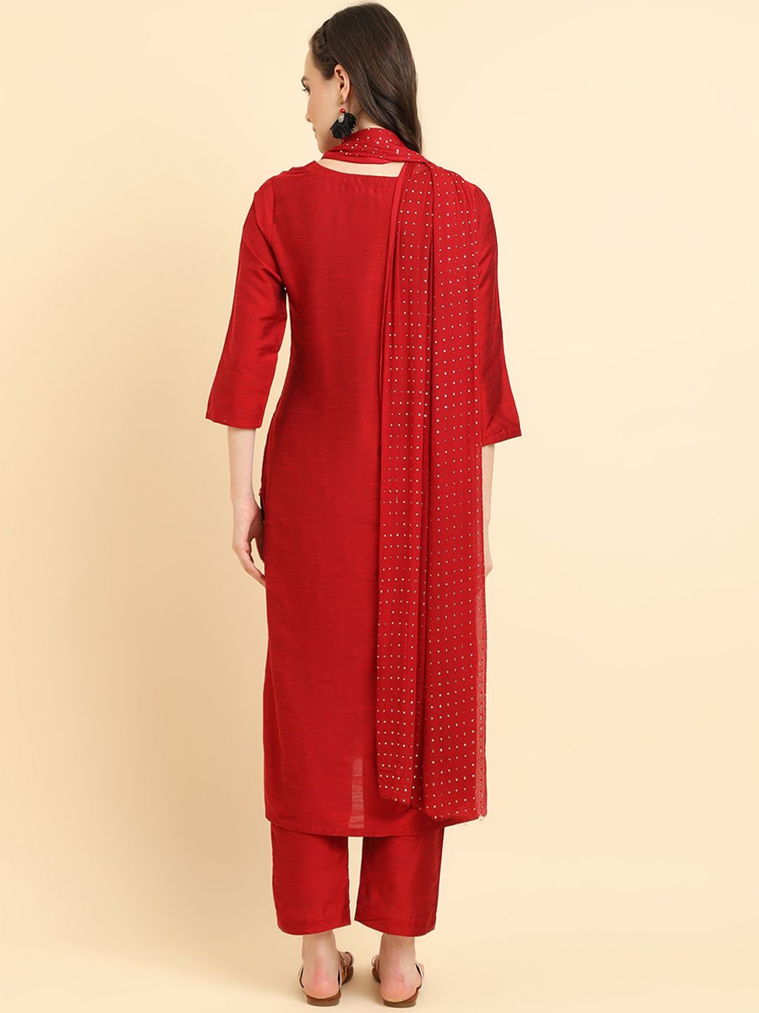 Dhiyona VA Women'sRed Ethnic Motifs Yoke Design Thread Work Kurta Wth Trousers & Dupatta
