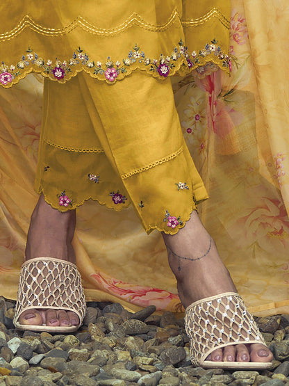 Dhiyona IE Yellow Yoke Design Thread Work Pure Cotton Kurta With Trousers & Dupatta