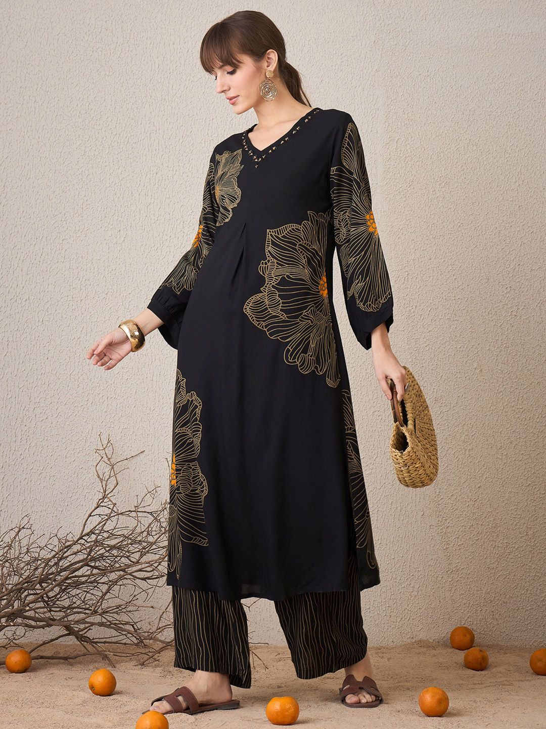 Floral Printed V-Neck Beads & Stones Straight Kurta With Trouser